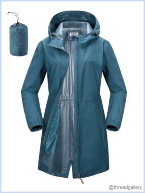 Waterproof Long Rain Jacket with Hood Packable Women's